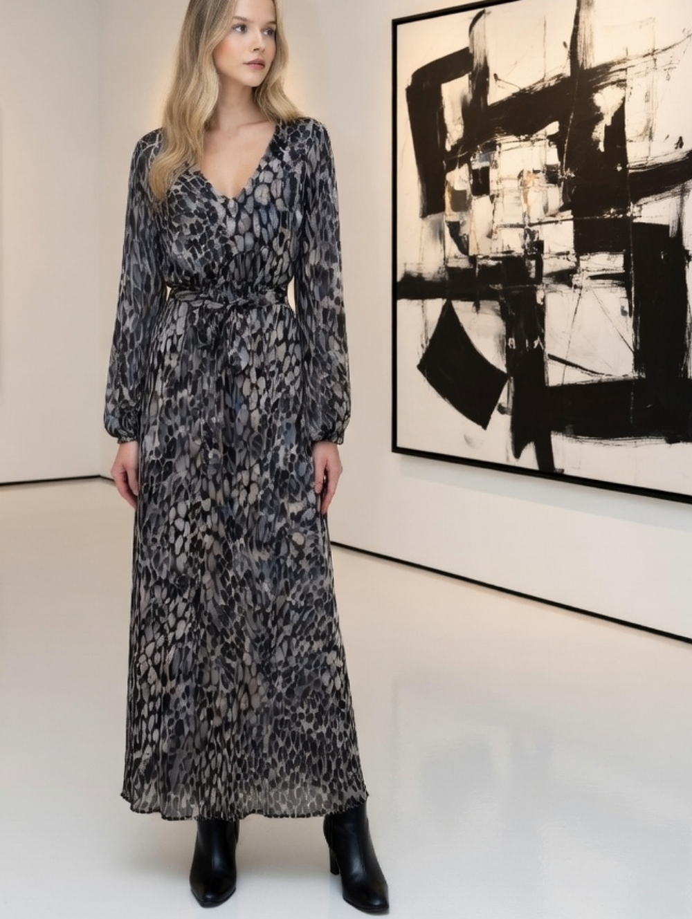Animal Print Boho Romantic Maxi Long Sleeve Cinched waist Flowy Dress  S2